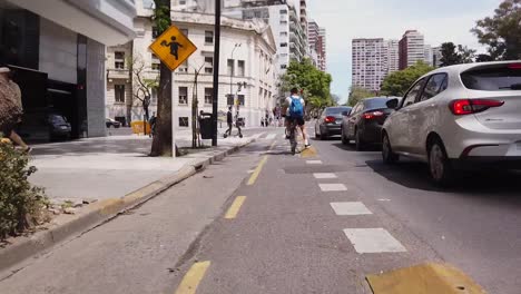 Hyperlapse-shot,-moving-on-a-scooter-over-the-streets-of-Miraflores,-on-a-sunny-day-in-Lima,-Peru