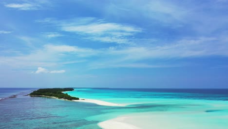 flying-over-tropical-island-white-beach,-Maldives-sea-with-turquoise-water-and-coral-reef