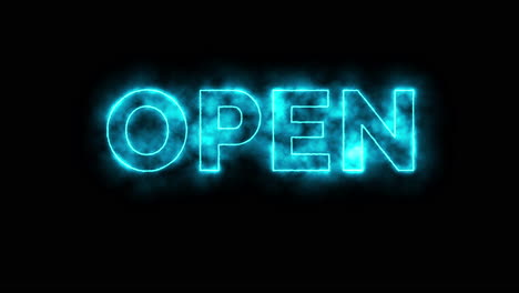 Neon-type-text-sign-on-a-dark-background-with-a-strong-vibrant-glow-in-blue,-pink-and-green-colours-revealing-and-writing-out-the-word-"open