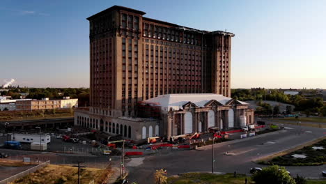 Rising-drone-footage-of-Michigan-Central-Station-in-Detroit-during-sunset