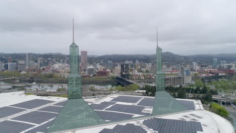 Aerial-footage-of-Oregon-Convention-Center-overlooking-Portland