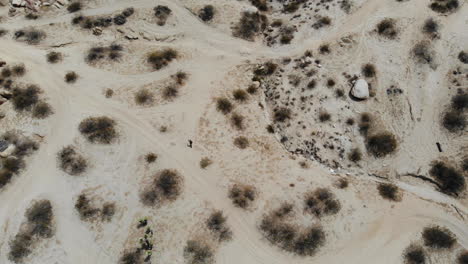 Birdseye-view-looking-straight-down-on-a-man-walking-through-an-empty-desert-covered-in-brush-sand-and-dirt-paths