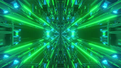Animation-of-immersing-through-highly-reflective-long-hollow-space-tunnel-with-converging-bright-green-lines-towards-the-center