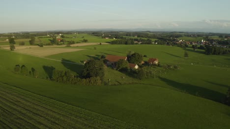 Aerial-establishing-shot-of-rural-farm-set-in-green-fields-in-central-Europe