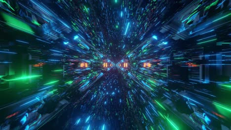 Fast-motion-graphics-sci-fi-bright-blue,-green-and-teal-tunnel-passage
