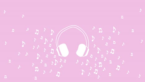 Endlos-Wiederholbare-Animation-Von-Kopfhörern,-Umgeben-Von-Musiknoten-Auf-Rosafarbenem-Hintergrund