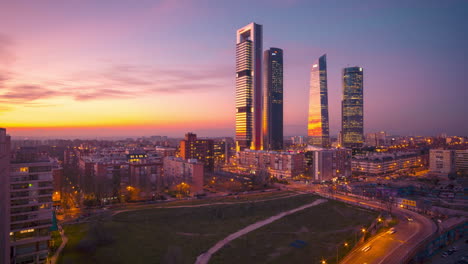 Hyperlapse-drone-aerial-view-of-Madrid-Four-tower-now-Five-Towers-business-area