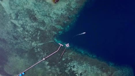 Insel-Raja-Ampat-In-Indonesien-Mit-Weitläufigem-Korallenriff-Und-Boot,-Das-Den-Pier-Verlässt,-Luftaufnahme-Von-Oben