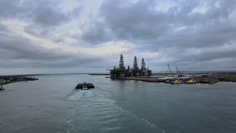 Barge-by-Oil-Rigs-on-the-Gulf-of-Mexico-drone-footage