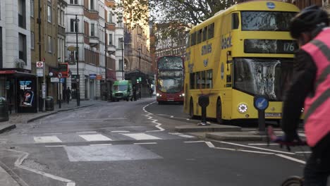 Buses-Going-Past-On-Charing-Cross-Road-Early-Morning-During-Lockdown