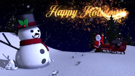 A-charming-and-beautifully-rendered-3D-winter-scene-with-snowman,-christmas-trees-and-Santa-and-his-sleigh,-with-the-message-'Happy-Holidays