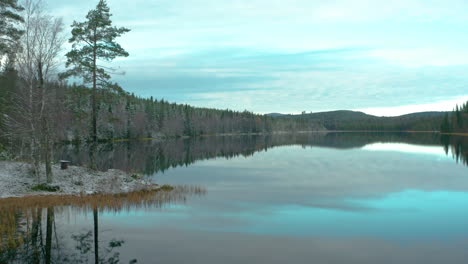 Glassy-calm-Swedish-lake-aerial-shot,-sub-zero-temperatures