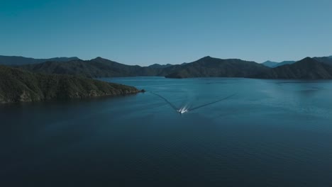 Aerial-drone-footage-of-a-speed-boat-in-Picton,-New-Zealand