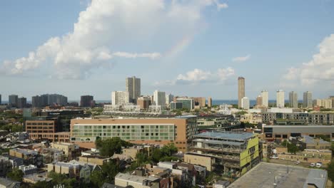 Drone-Flies-Towards-Wrigley-Field-with-Rainbow-in-Background-on-Summer-Day