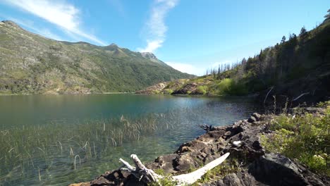 Zeitraffer-Der-Felsigen-Küste-Des-Puelo-Sees-Mit-Bergen-Und-Kiefernwald-Im-Hintergrund,-Patagonien,-Argentinien