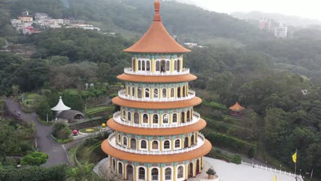 Dolly-out-view-of-the-temple---Experiencing-the-Taiwanese-culture-of-the-spectacular-five-stories-pagaoda-tiered-tower-Tiantan-at-Wuji-Tianyuan-Temple-at-Tamsui-District-Taiwan