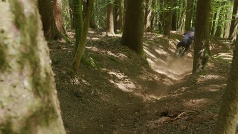 Mountain-biker-smashes-through-a-stump-a-fast-speed-in-a-gully