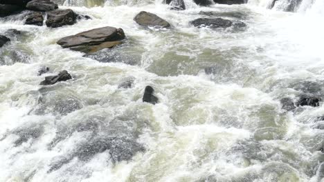 Scenic-view-of-foamy-river-with-strong-current-flowing-between-rocks