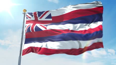 4k-Ilustración-3d-De-La-Bandera-Ondeante-En-Un-Poste-Del-Estado-De-Hawaii-En-Estados-Unidos-De-América