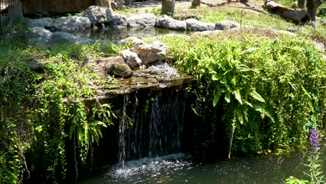 Close-up-on-artificial-waterfall-in-garden,-modern-backyard-landscape