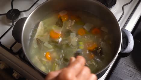 Cooking-And-Stirring-Nutritious-Chicken-Soup-With-Carrots-And-Leafy-Vegetables-In-A-Pot