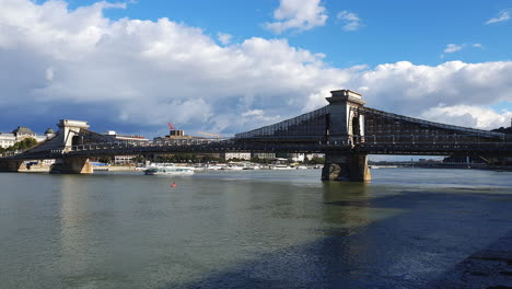 Chain-Bridge,-under-renovation,-over-Danube-River-in-Budapest