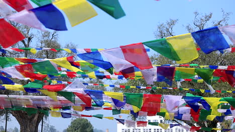 Cinematic-Slow-motion-of-colorful-prayer-flags-pattern-against-the-trees-and-sky-in-Lumbini-Garden