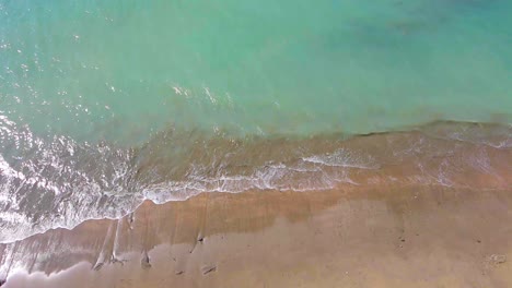 Sandy-beach-and-wavy-ocean-water-in-top-down-aerial-view