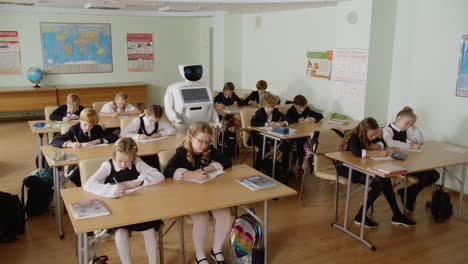 Robot-teacher-futuristic-school-wide-shot-of-a-classroom-full-of-students-doing-their-homework-or-assignment