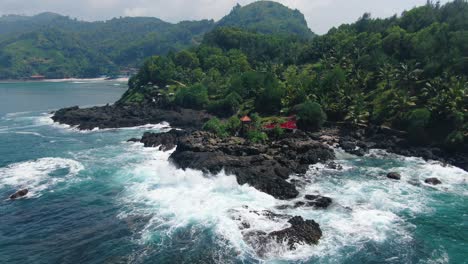 Aerial-view-on-viewpoint-on-volcanic-rock-on-Menganti-coast,-Java,-Indonesia