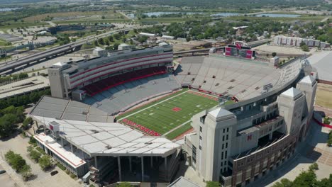Aerial-Orbiting-Shot-of-The-University-of-Nebraska-Cornhuskers'-Memorial-Stadium