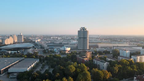 Drone-aerial-view-of-BMW-Tower-in-Munich