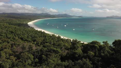 Fly-over-dense-subtropical-forest-to-pristine-sandy-beach-with-boats