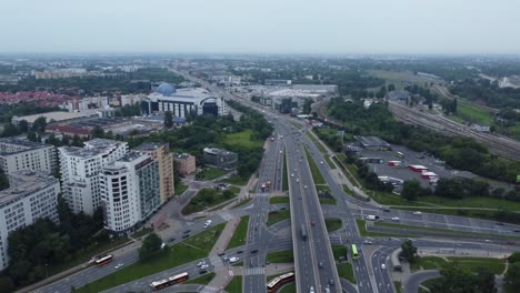 A-drone-video-of-a-major-road-intersection-in-Warsaw,-Poland