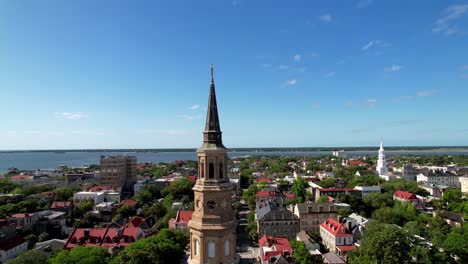 Charleston-SC,-Charleston-South-Carolina-Slow-Aerial-Pullout-from-St-Philips-Church,-Saint-Philips-Church