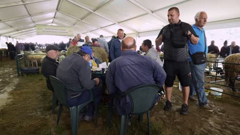 Agricultural-sheep-breeders-dressed-in-overalls-sitting-at-table-at-cultural-event-sheep-festival