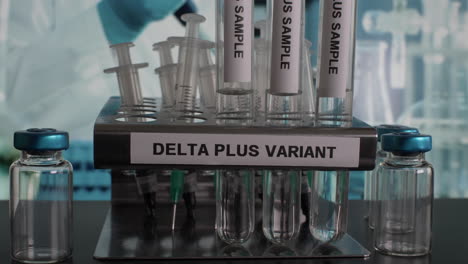 Reagenzglasproben-Der-Delta-Plus-Variante-Werden-In-Das-Gestell-Gestellt
