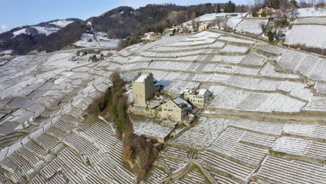 Ancient-Marsens-Tower-In-Lavaux-Vineyard-Terraces-In-Winter-Landscape-At-Vaud,-Switzerland
