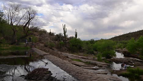 People-Enjoying-The-Outdoors-Surrounded-With-Beautiful-Nature-At-Sabino-Canyon,-Tucson,-Arizona,-USA