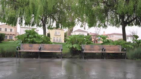 Two-wooden-benches-in-the-park-in-a-rainy-day