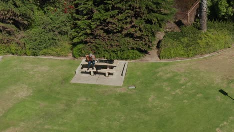 Man-playing-guitar-on-a-concrete-picnic-table-in-a-park