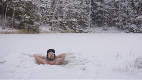ZOOM-IN---A-handsome,-rugged-hipster-man-relaxes-in-his-ice-hole