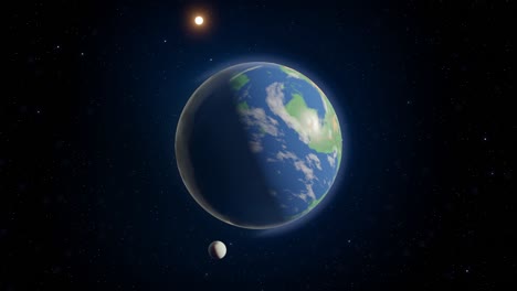 Una-Tierra-Como-Planeta-Alienígena-Con-Agua-Y-Vida-Desde-El-Espacio-Orbitando-En-Un-Sistema-Solar-Con-Sol,-Luna-Y-Estrellas