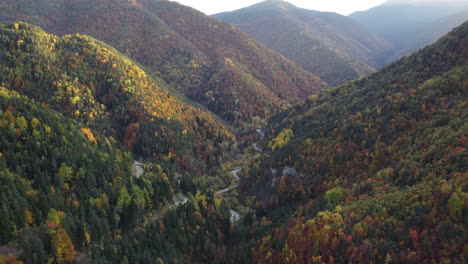 Luftaufnahmen-über-Dem-Bergwald-Der-Pyrenäen-Im-Herbst-In-Nordspanien-Bei-Wunderschönem-Sonnenuntergang