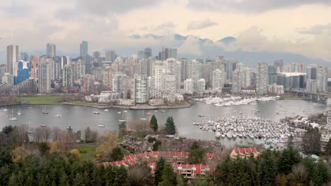 Aerial-View-Of-Yaletown-Skyline-At-Downtown-Vancouver-With-Boats-At-False-Creek-In-BC,-Canada
