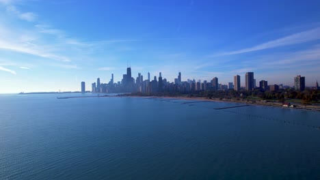 Chicago-City-Skyline-Under-Bright-Blue-Sky-Drone-Footage