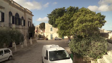Tree-Growing-in-Plaza-near-Old-Stone-House-with-Blue-Window-Shutters-in-Mdina