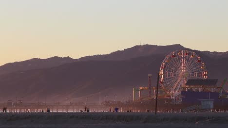 Wide-angle-scene-of-the-Santa-Monica-Pier-in-Los-Angeles-California-at-Sunset