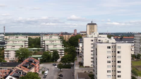 Living-district-of-Nacka-in-Stockholm-city,-beautiful-apartment-buildings,-aerial-drone-view