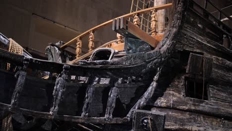 Close-up-view-of-the-wrecked-swedish-warship-Vasa-built-during-1626-in-1628,-located-in-Vasa-museum,-Stockholm,-Sweden